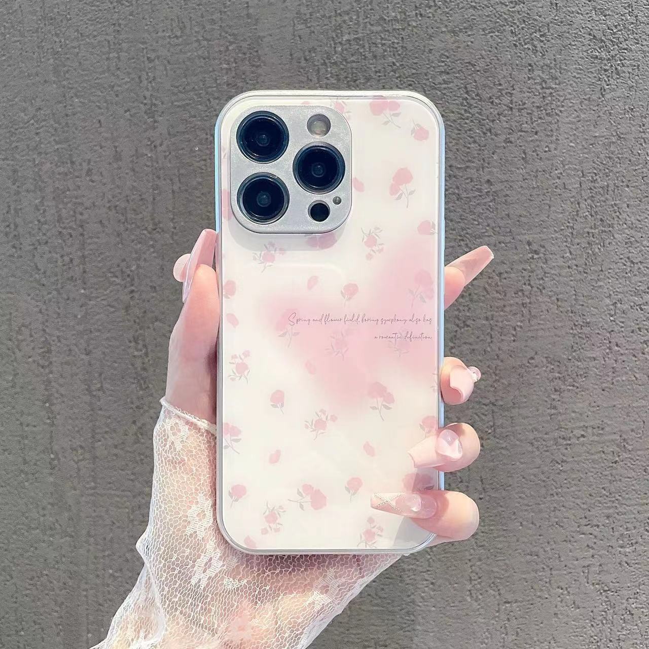 Phone Case for iPhone 14 Pro Max Metal Paint Tempered Glass TPU Cell Phone Shell with Rose Flower Decor Phone Case for iPhone 14 Pro Max Metal Paint Tempered Glass TPU Cell Phone Shell with Rose Flower Decor